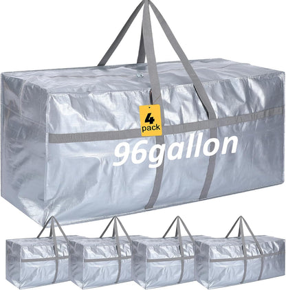 4 Pcs 96 Gallon Large Moving Bags with Zipper and Handles Foldable Storage Duffle Bags Heavy Duty Extra Large Totes for College Dorm Travel Clothes Blankets Bedding Moving (Silver)