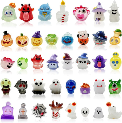 Suartus Halloween Mini Resin Figures 39 Styles Tiny Resin Figurines Kit to Hide Cute Pumpkin Ghost Skull Luminous Miniature Figures Bulk for Halloween Party Favors Outdoor Garden Landscape Decor