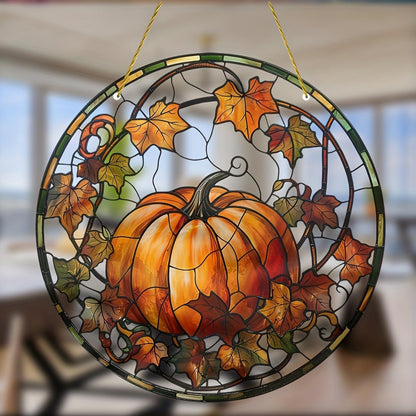 Halloween Suncatcher for Window Hanging Pumpkin Maple Leaves Designs Fall Acrylic Sun Catchers Horror Round Ornament Glass Decoration for Thanksgiving Garden Home Party Supplies 7.87inch