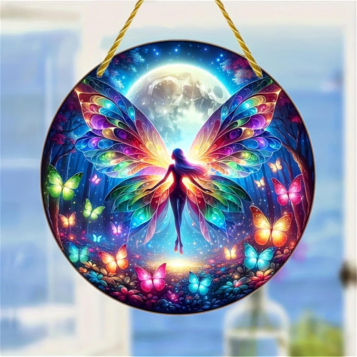 Butterfly Stained Suncatchers for Windows Forest Moon Fairy Hanging Stained Acrylic Panels, Kitchen Bedroom Garden Wall Art Decoration Gifts for Women Mom Grandma Teacher