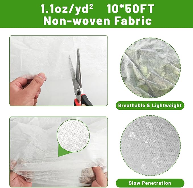 SnugNiture Plant Covers Freeze Protection, 10ft x 50ft 1.1oz/yd² Frost Cloth for Outdoor Plants, Floating Row Cover Frost Blanket for Winter Garden Vegetables Protection