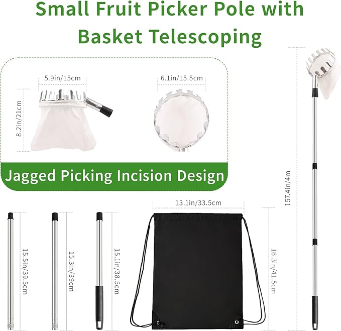 Fruit Picker Pole with Basket Telescoping 13Ft Adjustable Apple Picker Pole with Big Non-Woven Basket Fruits Harvesting Tool for Apples, Lemon, Orange