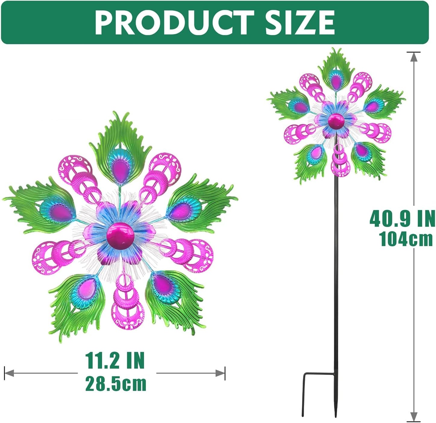 Solar Peacock Wind Spinners for Yard & Garden - 40 Inch Metal Wind Sculpture, Kinetic Windmill with Multi Color LED Lights, Lawn & Patio Art Decor