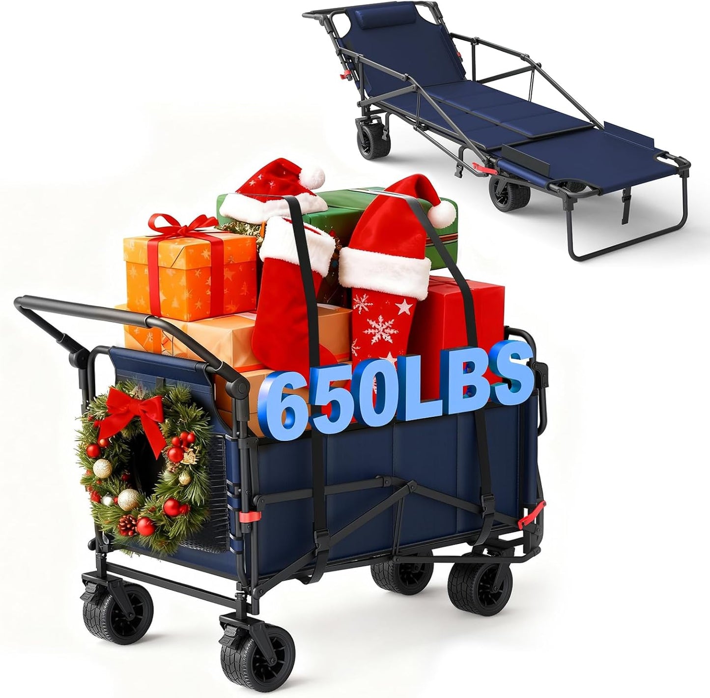 LEVELEVE Heavy Duty Folding Wagon - 2-in-1 Collapsible Cart, 650lb Capacity, All-Terrain Wheels w/Brakes & Side Pockets (Blue)