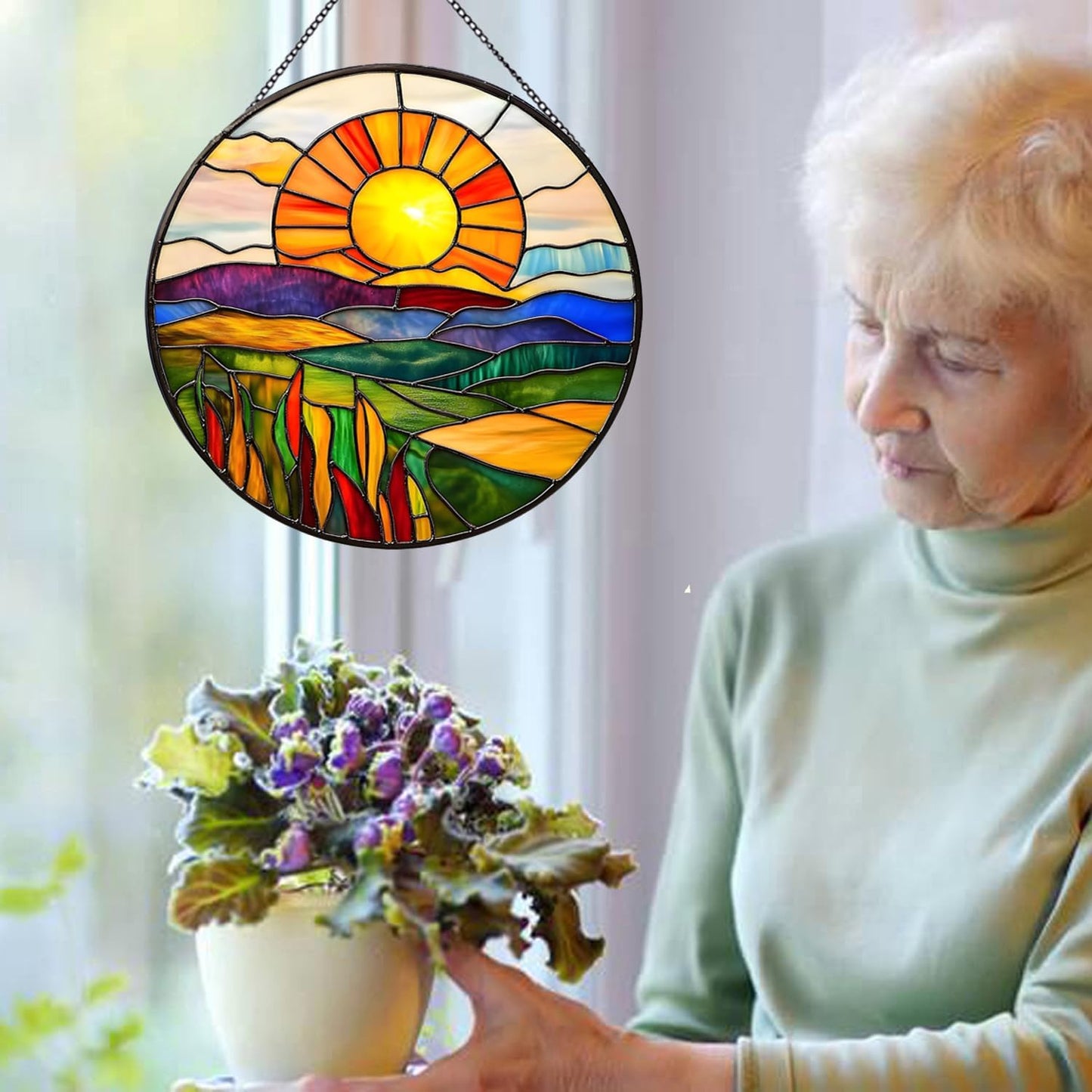 Sunrise Hanging Stained Glass for Windows,20cm/7.87inch Stained Glass Suncatcher Garden Hangings Christmas Mother's Day, Valentine's Day Ornaments Festival Housewarming Gift