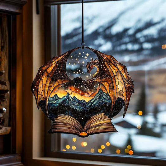 Dragon Wings Book Bookworm Acrylic Suncatcher Stained Glass Effect Window Car Hanging Christmas