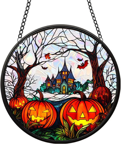 Halloween Sun Catcher - 8 Inch Round Suncatcher for Window Hanging Decoration - Creates Indoor Rainbows Light Refraction - Spooky Ghost, Witch, Pumpkin Design - Suction Cup Hook & Chain