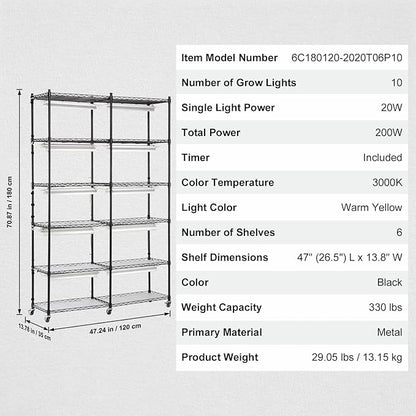 VEVOR Plant Stand with Grow Light, 6-Tier Large Tall Plant Shelf with 3000K 200W Full Spectrum Grow Light, Indoor Grow Light Shelf with Timer and Wheel for Seed Starting 47.2" L x 13.8" W x 70.8" H