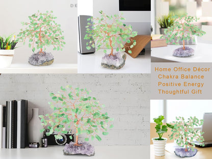 Green Aventurine Healing Crystal Tree – Jade Tree with Amethyst Cluster Base Positive Energy for Home and Office Decoration 5.5-6.3 Inches