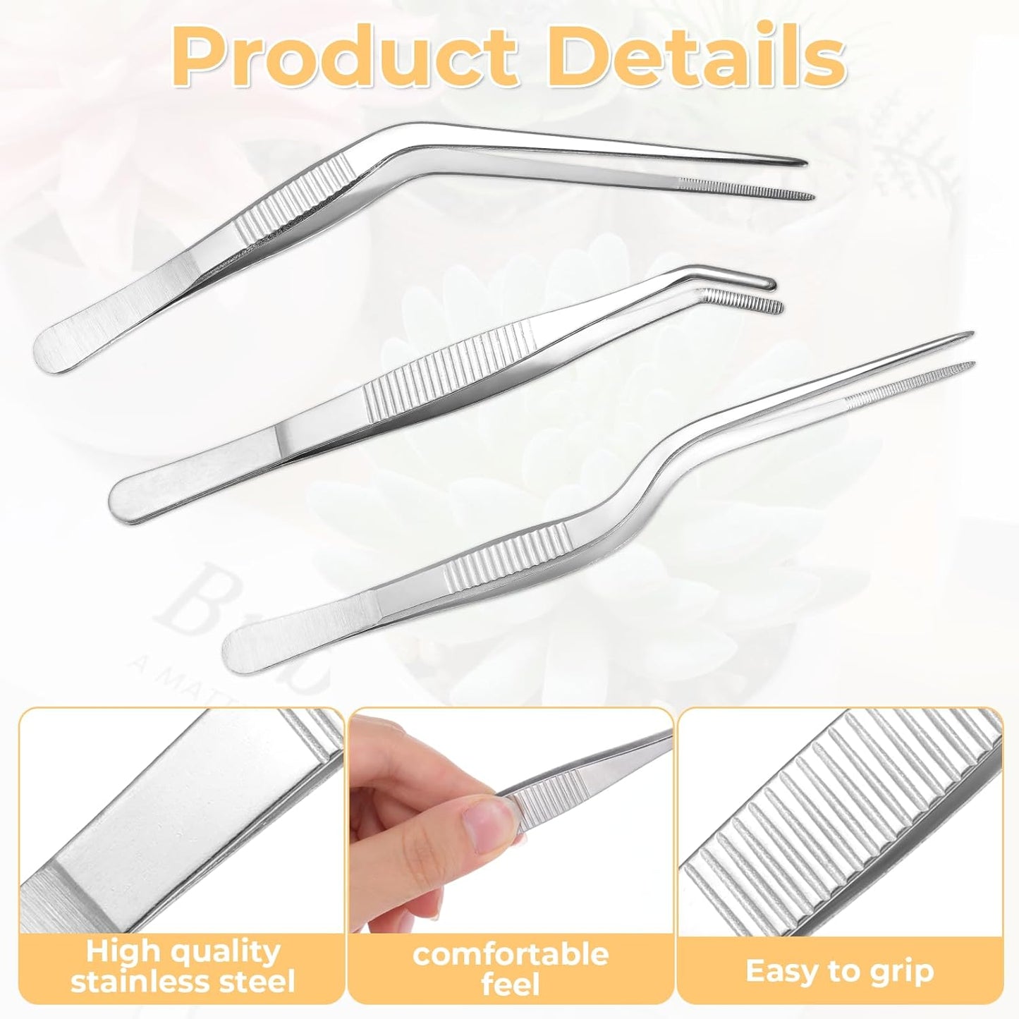 Garden Tweezers, 3 Pcs Stainless Steel Plant Tweezer Set Straight and Curved Precision Tweezers Multipurpose Bonsai Tools for Garden, Kitchen, Indoors and Outdoors (6.22Inch / 6.3Inch / 6.4Inch)
