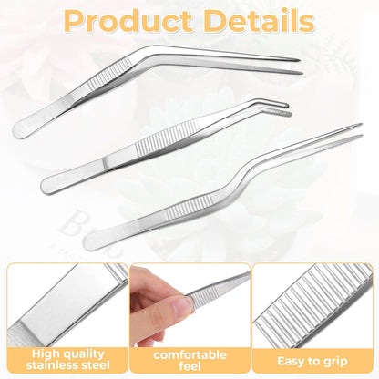 Garden Tweezers, 3 Pcs Stainless Steel Plant Tweezer Set Straight and Curved Precision Tweezers Multipurpose Bonsai Tools for Garden, Kitchen, Indoors and Outdoors (6.22Inch / 6.3Inch / 6.4Inch)