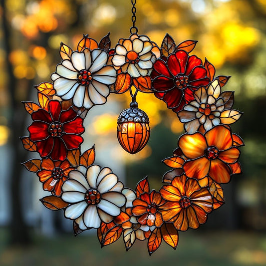 Autumn Floral Wreath Acrylic Suncatcher Stained Glass Effect Window Car Hanging Christmas Ornament Indoor Outdoor Decor Garden Sun Catcher Panel for Acrylic Suncatcher Lover for Women Mom Grandma
