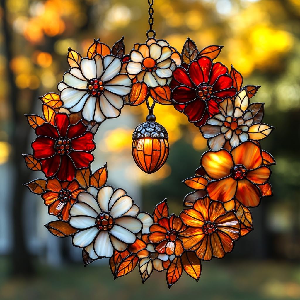 Autumn Floral Wreath Acrylic Suncatcher Stained Glass Effect Window Car Hanging Christmas Ornament Indoor Outdoor Decor Garden Sun Catcher Panel for Acrylic Suncatcher Lover for Women Mom Grandma