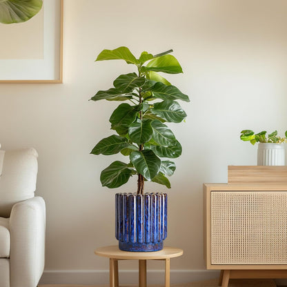 Ceramic Pots for Plants - 7.6 Inch Plant Pots Indoor with Drainage Hole, Fluted Round Ceramic Planter Outdoor, Modern Flower Planter, Home Office Living Room Decor, Garden Gifts, Blue