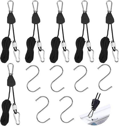 Grow Light Rope Hanger 3Pairs，1/8" 8-Feet Long Heavy Duty Adjustable Rope Clip Hanger, Adjustable Rope Ratchet Hangers 150 Lbs per Pair with Stainless Steel 2.5" S Hook