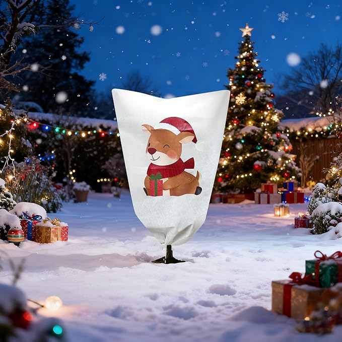 2-Pack Plant Covers Freeze Protection,23" W x 31" L Thick Frost Cloth with Christmas Element, Tree Wrap for Winter with Zipper Drawstring Protect Your Plants