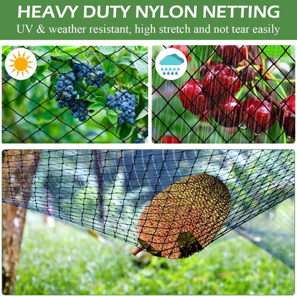 Bird Netting 50 x 50 Ft, 2 in Mesh Heavy Garden Protection Net, Reusable Deer Net for Protect Fruit Trees, Plants and Vegetables, Chicken, Bird Repellent, Squirrels and Other Animals