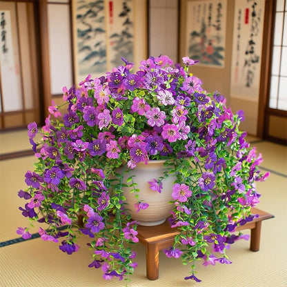Artificial Hanging Plants Flowers Fake Outdoor Plants Artificial for Porch Hanging Faux Flowers Outdoor Home Porch Decor (2Pcs, Double Purple)