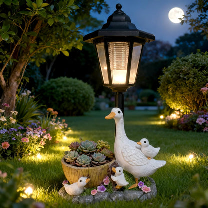 Garden Duck Statues with Solar Lantern Flowerpot Outdoor Decoration, Duck Figurines Yard Art Sculptures for Patio Lawn Backyard Porch Ornaments Unique Housewarming Birthday Gifts for Women Mom
