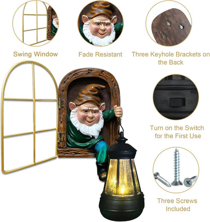 Fairy Garden Statues Gnomes Solar Lantern - Halloween Elf Out The Door Tree Hugger Figurines Fence Wall Yard Art Home Decor Outdoor Tree Face Sculpture, Ideal Thanksgiving Decorations