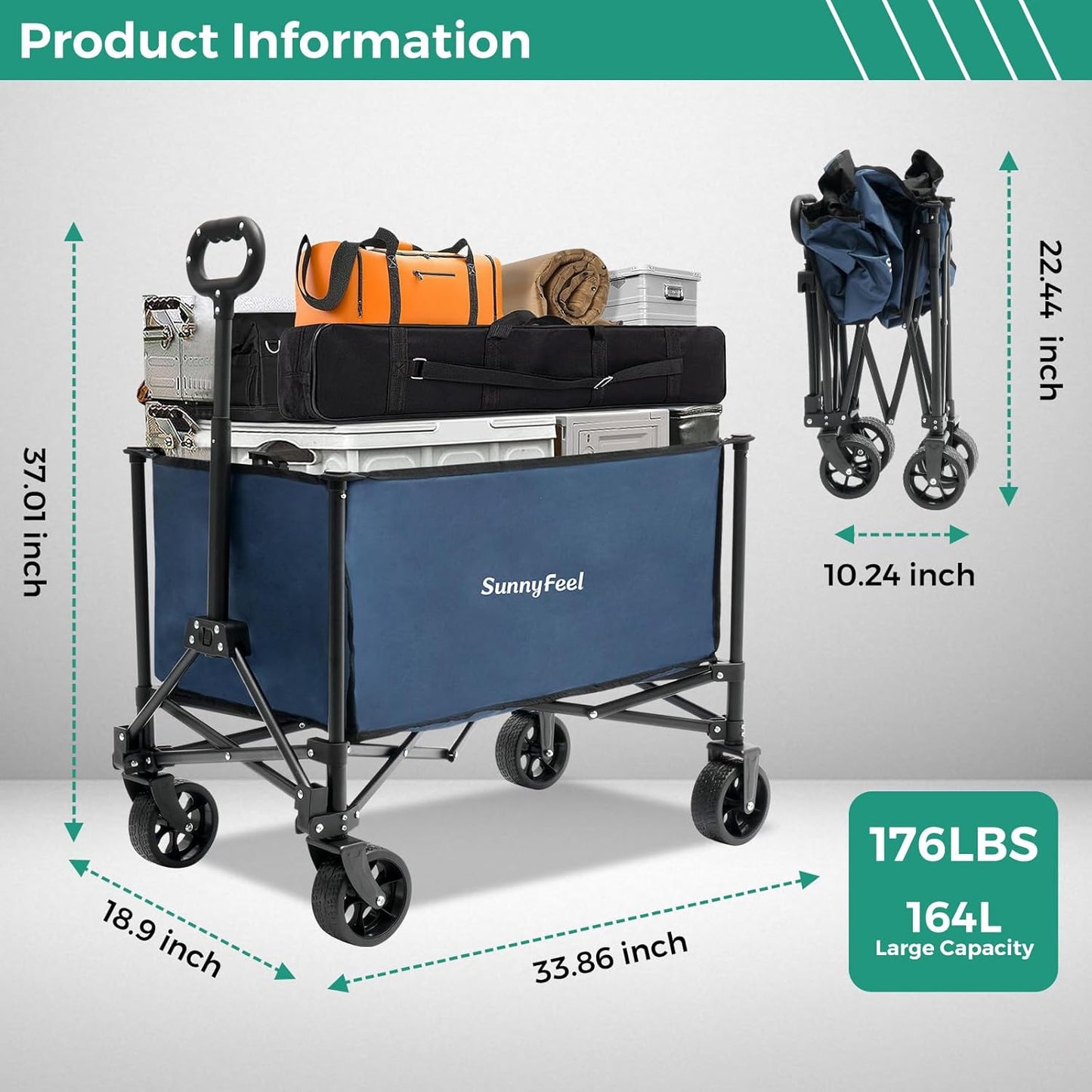 SUNNYFEEL Collapsible Wagon Cart with Wheels Foldable - 176lbs Standard Borderless Version Wagon Carts for Grocery Sports Garden Shopping Camping(Blue, 164L)