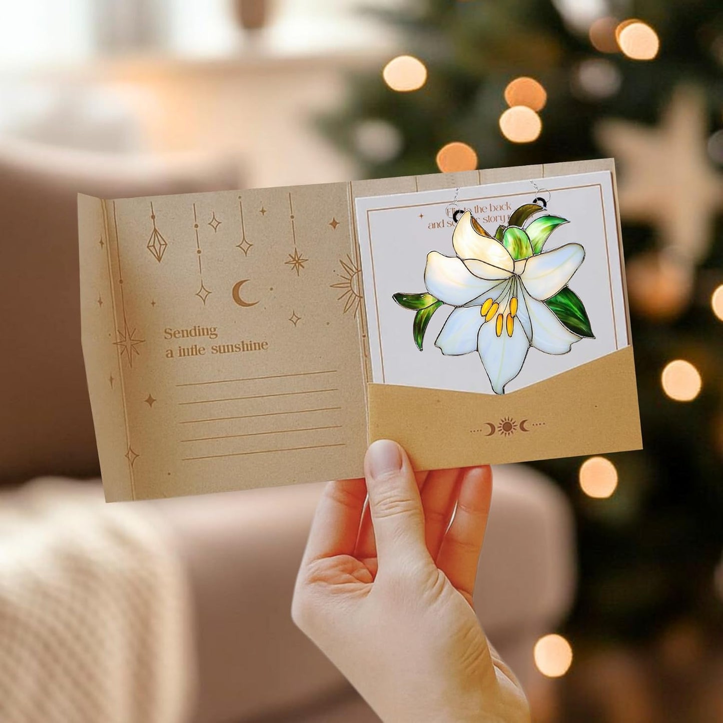 White Lily Flower Acrylic Suncatcher Stained Glass Effect Window Car Hanging Christmas Ornament Indoor Outdoor Decor Garden Sun Catcher Panel for Flowers Lover for Women Mom Grandma