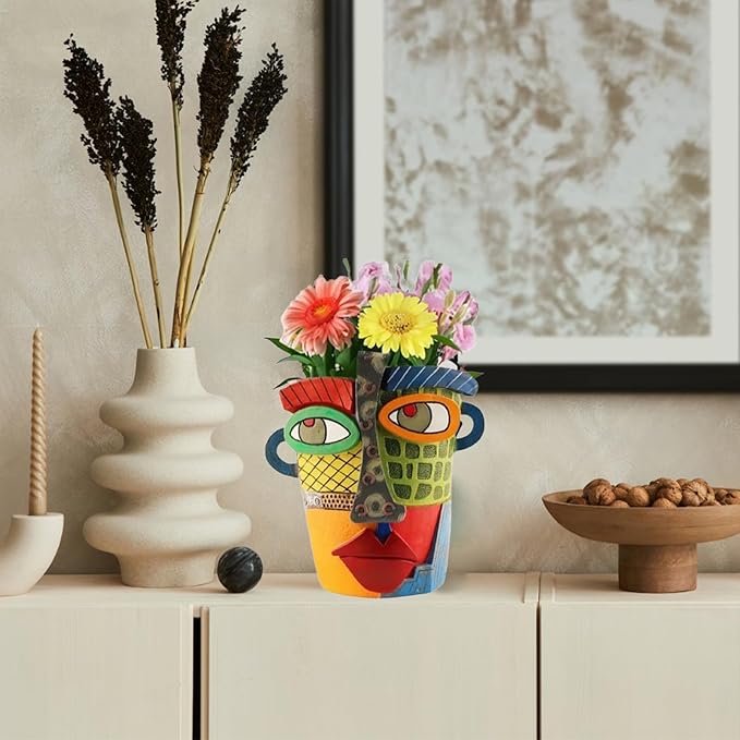 TOZLU Picasso Brutalist Abstract Beauty Flower Pot Ornaments Head Planter Pots Container Colorful Face Art Resin Flower Pot (Modern Big)
