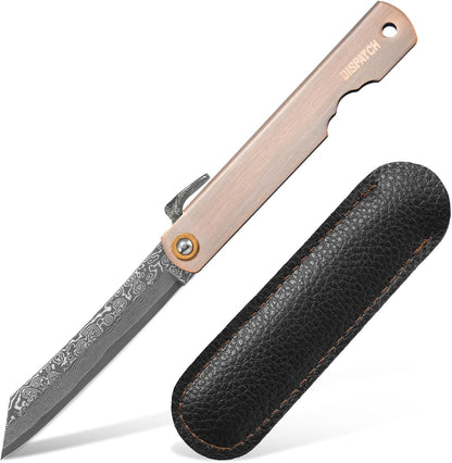 EDC Folding Knife, 2.8" Full Panel Plain Edge Blade, Non-Locking Pocket Knife Features Cloud Pattern Damascus Steel Blade & Red Bronze Electroplated Handle, Includes Black PU Sheath