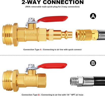RV Winterize/Winterization Blowout Adapter - Brass with Ball Valve, 1/4" Male Quick Connect to 3/4" Male & Female GHT Garden Hose Thread