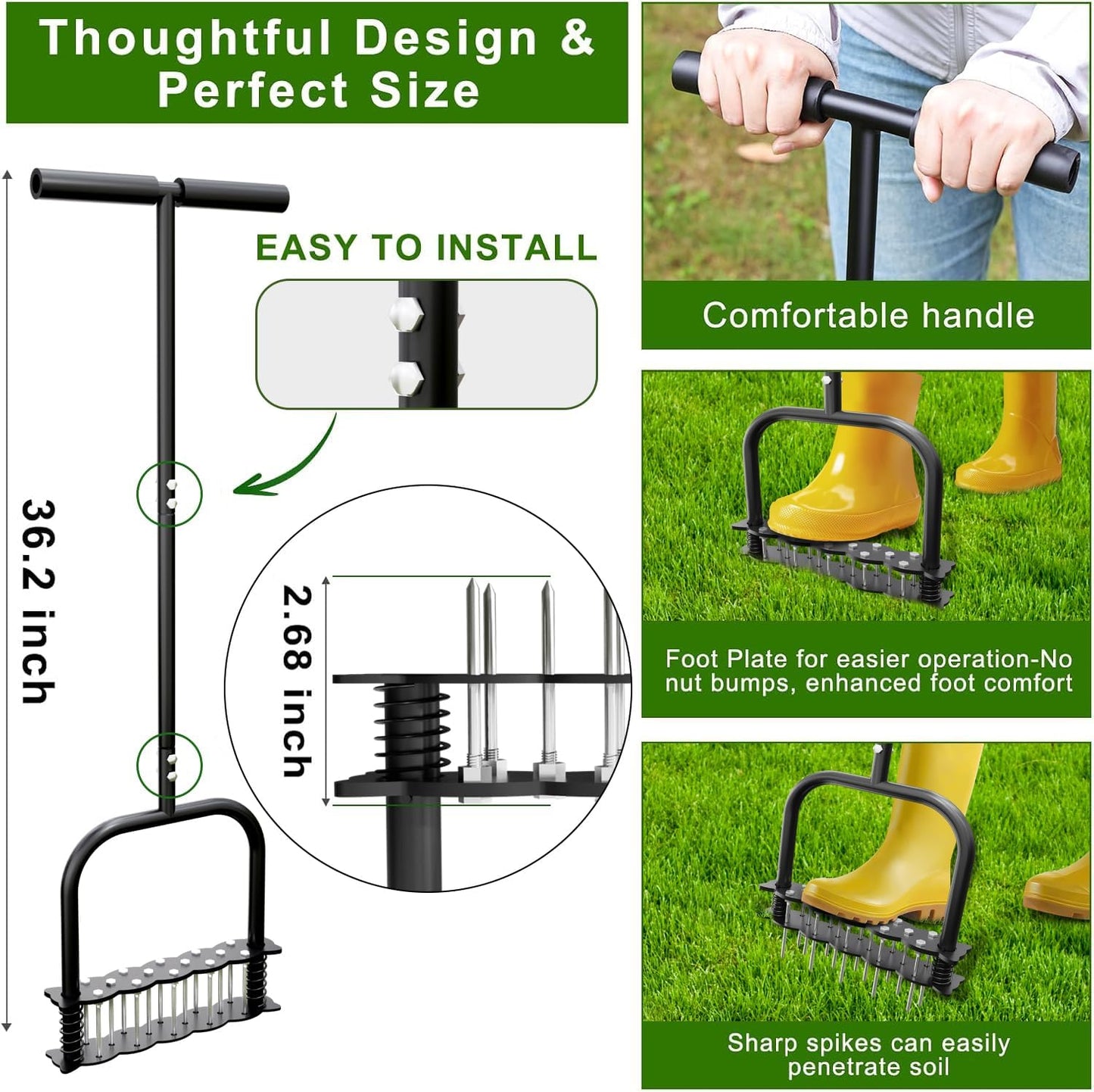 Lawn Aerator -Aerator Lawn Tool with 14 Iron Spikes, Automatic Dirt and Leaf Clean with Spring-Loaded Design, Height Adjustable Metal Manual Aerator, Soil Loosening, Yard Aerating, Garden Tool