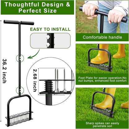 Lawn Aerator -Aerator Lawn Tool with 14 Iron Spikes, Automatic Dirt and Leaf Clean with Spring-Loaded Design, Height Adjustable Metal Manual Aerator, Soil Loosening, Yard Aerating, Garden Tool