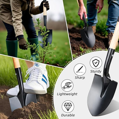26-inch Small Square Sand and Soil Digging Pointed Shovel with D-Shaped Handle, Vehicle-Mounted Metal Camping Iron Spade, Garden Shovel, Gardening Tools with Wooden Handles (Small Pointed Shovel)