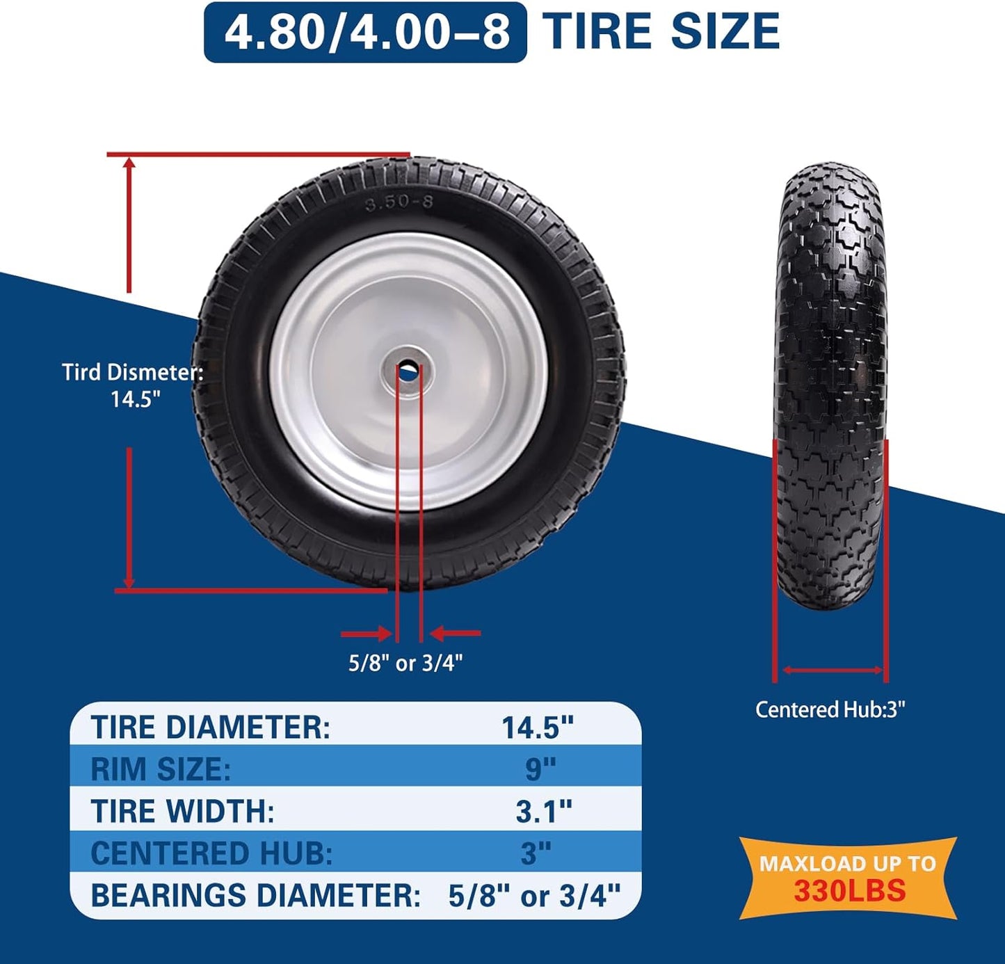 4.80/4.00-8 Tire, 14.5" Flat Free Wheelbarrow Tire and Wheel, 5/8" 3/4" Bearings Solid Replacement Tires, 3" -7" Centered Hub, Universal Fit 3.50/3.00-8, 4.00-6 Trolley Dolly Go Kar, 2 Pack