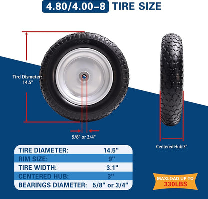 4.80/4.00-8 Tire, 14.5" Flat Free Wheelbarrow Tire and Wheel, 5/8" 3/4" Bearings Solid Replacement Tires, 3" -7" Centered Hub, Universal Fit 3.50/3.00-8, 4.00-6 Trolley Dolly Go Kar, 2 Pack