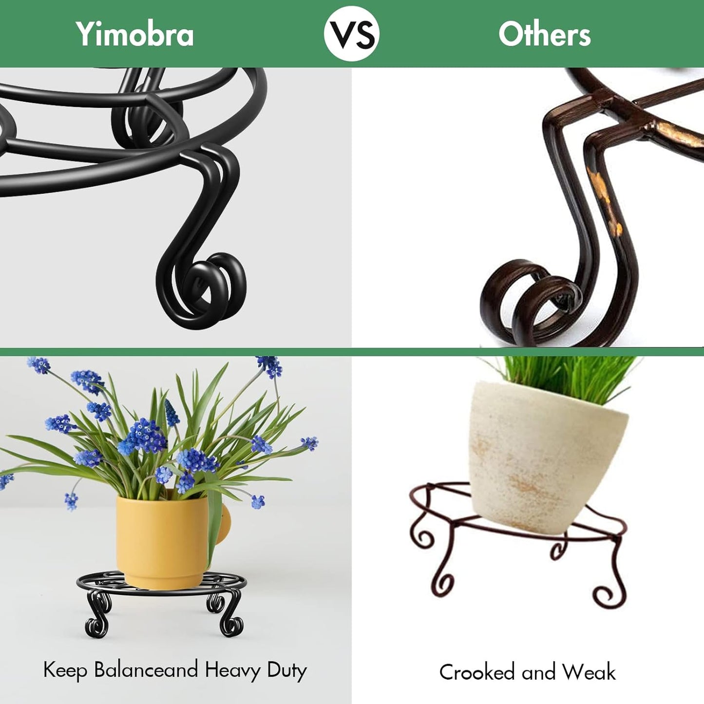 Yimobra 4 Pack Plant Stand for Flower Pot Heavy Duty Potted Holder Indoor Outdoor Metal Rustproof Iron Garden Container Round Supports Rack for Planter (4PC Black 9.4 x 2 IN)