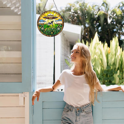 Cow Wildflowers Stained Glass Window Hanging UFO Abduction Sun Catcher Funny Gifts for Women Room Decor Handmade SunCatcher Decoration for Home Window Decor, 7.87inch