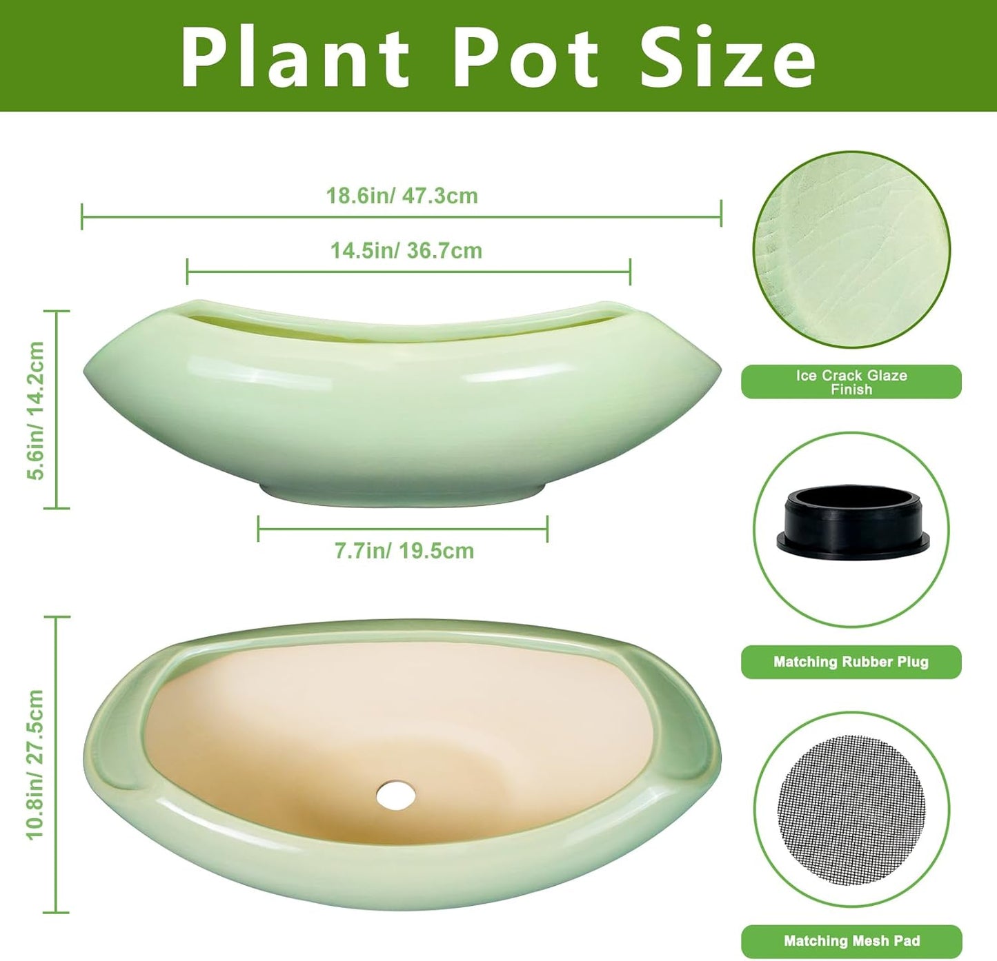 Ceramic Bonsai Pots - Large Succulent Planter 18 Inch Plant Pot Indoor Succulent Pot with Drainage Hole Outdoor Planter Bonsai Tree Pot for House Home Garden Decor Green