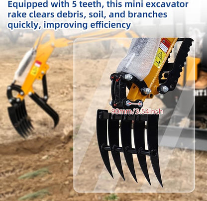 Mini Excavator Attachment Rake，Small Diggers Metal Backhoe Rake，3.54" Span, 0.98" Pin Hole，Includes 2 Link Pins，Fit for Mini Excavator