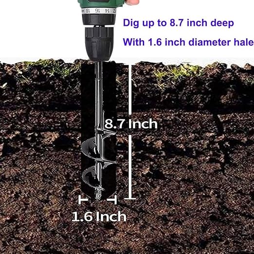 Garden Auger Drill Bit Post Hole Digger Auger Bulb Planter Tool 1.6 x 8.7 in, Hex Shank Rust-Proof Steel, for Digging Holes Deep Cultivating,Planting Bulbs