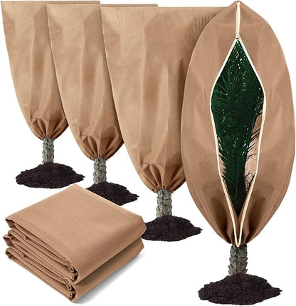 4 Pcs Plant Covers Freeze Protection Reusable Plant Protector with Zipper and Drawstring, Winter Bush Covers Freeze Protection from Cold Sun Frost Wind(Brown)