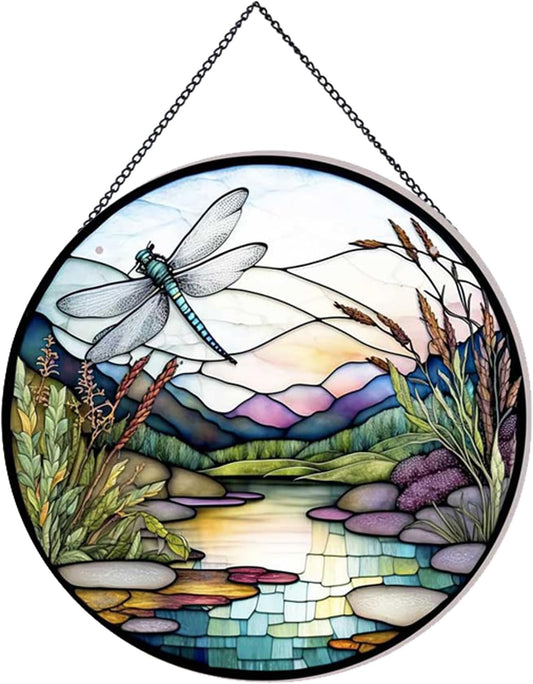 River and Dragonfly Pattern Suncatcher Stained Glass,Hanging Stained Glass for