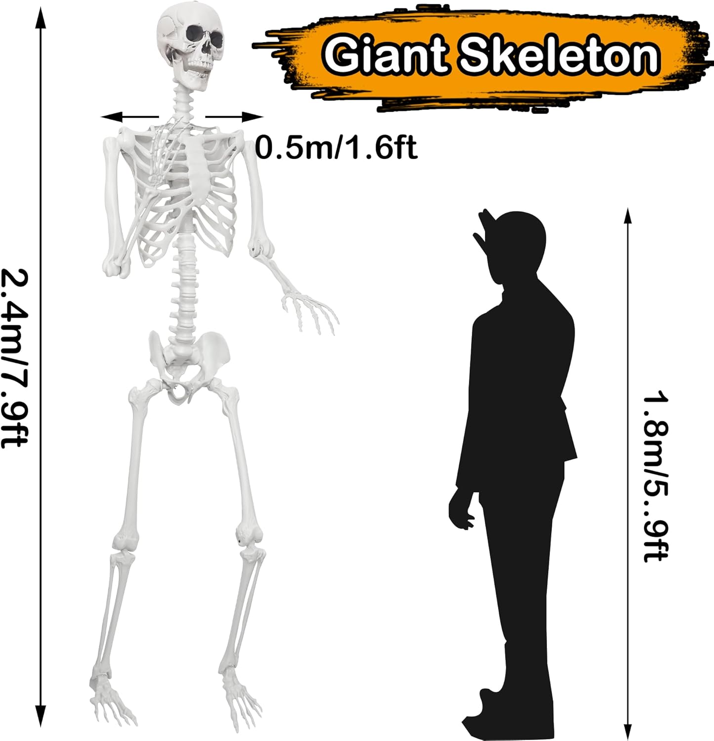 7.9ft/240cm Giant Skeleton Halloween Skeleton Life Size Skeleton Posable Skeleton Full Body Realistic Bones with Movable Joints for Halloween Outdoor Indoor Decorations
