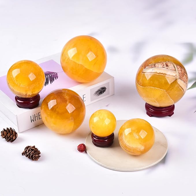 JIC Gem Large Yellow Fluorite Crystal Sphere with Stand Gemstone Decorative Ball for Home Decor Altar Reiki Crystal Gift 80-90mm