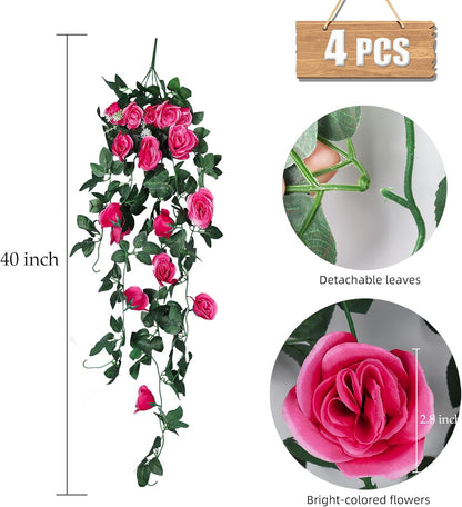 RECUTMS 4 Pack Artificial Plants Fake Hanging Flowers Faux Ivy Vines with LED Fairy Lights Plastic Outdoor UV Resistant for Home Window Garden Office Patio (Rose red)