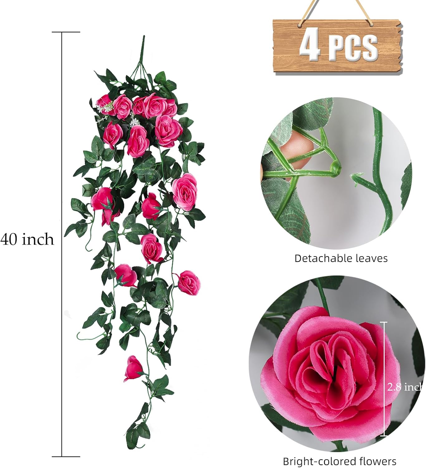 RECUTMS Artificial Rose 4Packs Fake Hanging Flower Faux Ivy Vine Plants for Home Window Garden Office Patio Planter Pathway Front Porch (Rose Red)