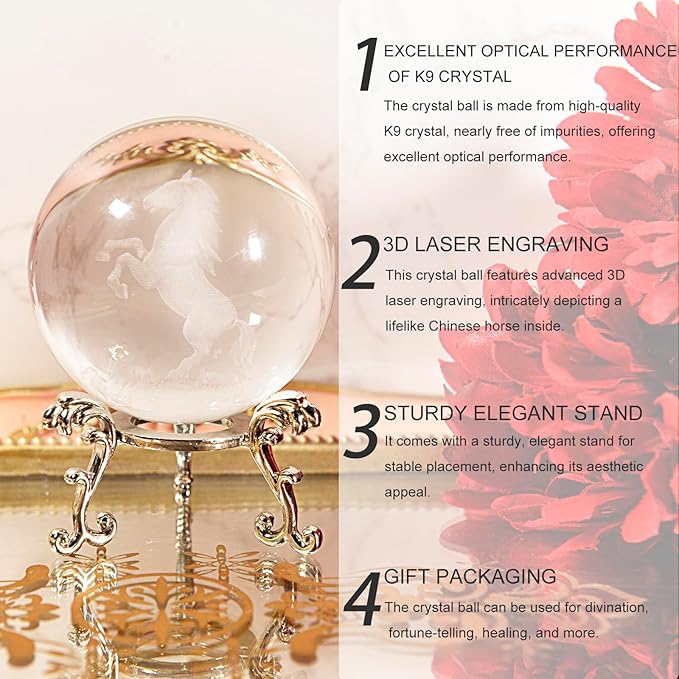 Crystal Ball Glass Globe Decor - Chinese Horse Sphere with Stand & Gift Box, Clear Decorative Globe, 3D Crystal Ball for Home Decor Photography, Gazing Divination Fengshui Meditation, 2.3 inch/60mm