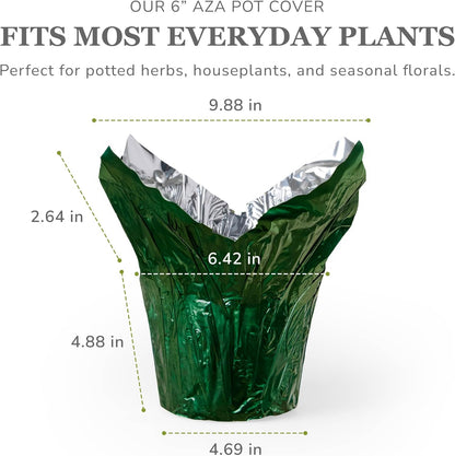 6” AZA Plant Pot Covers, Decorative Plant Sleeve for Indoor & Outdoor House Plants, Reusable and Gift-Ready Foil Wrap for Flower Pots, Evergreen, Pack of 5