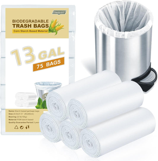 Trash Bags 13+ Gallon Tall-Kitchen - Inwaysin 75 Counts Compostable Garbage Bag Unscented Clear White Bulk Recycled Waste Basket Liners Strong Thick for Bathroom Outdoor Yard Can