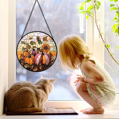 Stained Glass Window Hanging, Pumpkin Sunflower Suncatcher Diamond Glass Panel Sun Catchers Decor for Birthday for Women, Men, Wife, Aunt, and Mom 14.9x14.9 in