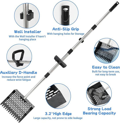 FHTONGE Heavy Large 2-in-1 Chicken Poop Scoop and Rake with Grip, Adjustable 5 Lenghts 22-74" Metal Chicken Coop Scooper for Sand Hay Bedding Litter, Sifting Shovel for Farm Livestock Poultry Garden